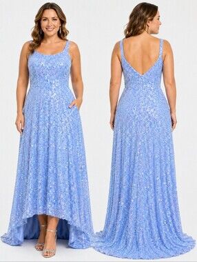 NWT Bllue Sequin Hi Low Evening Dress Formal Gown W/ Pockets Sz 15